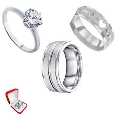 Imagem de Par Alianças Namoro Prata 6mm Coração Brilho Risco + Anel Solitário Pr