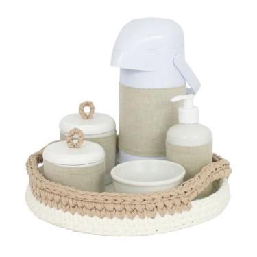 Imagem de Kit Higiene Crochê Com 6 Peças e Garrafa Grande Bege Quarto Bebê Infan