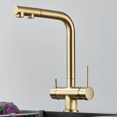 Imagem de Purificador de água Torneira de cozinha Preto Pull Out Filtro flexível Torneiras de cozinha Latão 2 em 1 Torneira misturadora de água quente e fria, Ouro escovado