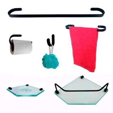Imagem de Kit Para Banheiro Cansas Preto Vidro Sextavado Incolor - J.A