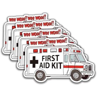 Imagem de Decalques e adesivos de primeiros socorros infantis Cartoon Ambulance (pacote com 4) - 10 cm | Durável, impermeável, adesivo forte - Perfeito para caixas de primeiros socorros e kits de emergência
