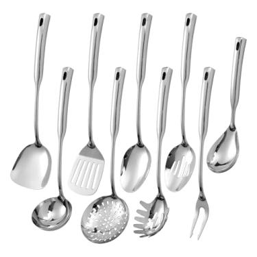 Imagem de Conjunto de utensílios de cozinha de aço inoxidável 304, conjunto de 9 peças, inclui escumadeira, concha de sopa, servidor de espaguete, espátula wok, colher com fenda e sólida, espátula com fenda,