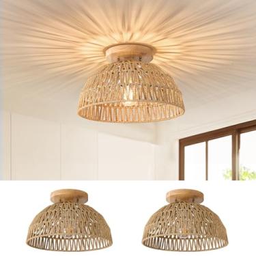 Imagem de ALAISLYC Luminárias De Teto Embutidas De Vime De 13 Polegadas, Estilo Boho, Estilo Fazenda, Gaiola De Corda Rústica De Vime Trançada À Mão Para Sala De Jantar, Cozinha, Quarto, Hall De Entrada, Cor