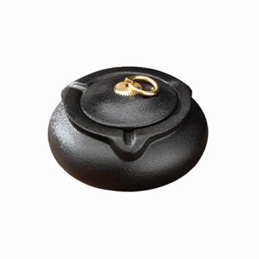 Imagem de Cinzeiros de mesa de cerâmica cinzeiro vintage de mesa com tampa retro clássico estilo à prova de vento redondo para fumar para uso doméstico escritório ornamentos (tamanho: Black E)