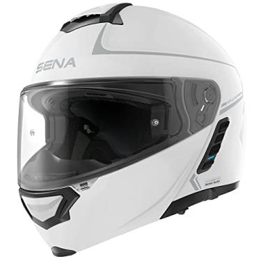 Imagem de Sena Capacete Modular Bluetooth Impulse Dot Flip Up Com Som Da Harman Kardon Capacete Com Viseira Dupla E Sistema De Intercomunicação De Malha Integrado / Mp3 / Discagem Por Voz (Branco Brilhante, E