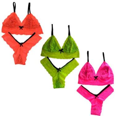 Imagem de Kit 3 Conjunto Lingerie Renda Calcinha Lateral Larga Sutiã Sem Bojo Fe