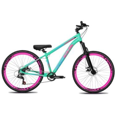 Imagem de Bicicleta Aro 26 Rebaixada Freeride para Grau, Quadro em Alumínio, Relação 1x7, Aros Vmaxx Coloridos, Pedivela 34D, Suspensão 80mm,Verde Tiffany Rosa