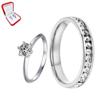 Imagem de Aliança 3mm Prata Cravejado Pedras Branca + Anel Prata Solitario 2mm P