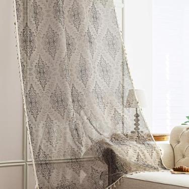 Imagem de Erbnaryx Cortinas transparentes geométricas cáqui 183 cm de comprimento, bordas com franjas e cortinas semitransparentes texturizadas, tratamentos de janela grande para sala de estar/quarto, 2 painéis