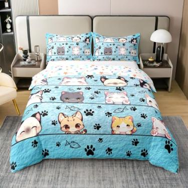 Imagem de Manfei Jogo de cama de casal com estampa de gatinho fofo, 100% algodão, adorável gato, animais de estimação, capa de edredom para presentes de quarto, azul, estilo desenho animado, conjunto de cama 3