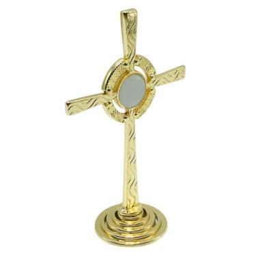 Imagem de Crucifixo Cruz Ostensório Eucarístico de Mesa Dourado 10 cm