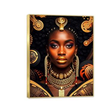 Imagem de Arte de parede em tela afro-americana preta e dourada emoldurada pintura de retrato de mulheres com moldura dourada Impressão abstrata de menina negra decoração de parede arte africana 65 x 50 cm (26