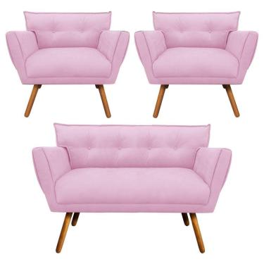 Imagem de Kit 01 Namoradeira E 02 Poltronas Anitta Suede Pés Palito Castanho D'rossi Cor Rosa Bebê