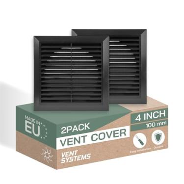 Imagem de Vent Systems Duto Ø4" – 17 x 17 cm Pacote com 2 capas pretas para saída de ar – Tubo de saída de exaustão de banheiro – Tampa de ventilação externa com grelha branca – 100 mm 170 x 170 mm