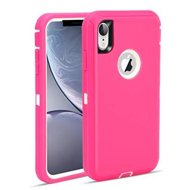 Imagem de Capa MAXCURY Defender para iPhone XR, capa protetora de corpo inteiro com absorção de choque resistente para iPhone XR com para-choque de policarbonato rígido + capa traseira de TPU macio para iPhone XR 6,1 polegadas, iPhone XR Case, Hot Pink/White
