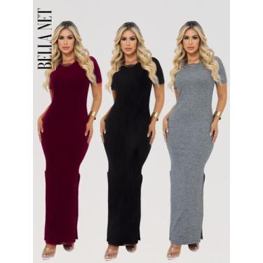 Imagem de KIT 3 Vestidos Longos com Fenda Lateral Manga Confortável Canelado Pre