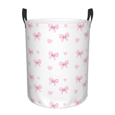 Imagem de Cesta de roupa suja com laço rosa, coração rosa, cesto de roupa suja para quarto, banheiro, faculdade, dormitório, berçário, organizador de brinquedos, cesta de armazenamento redonda para presentes