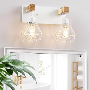 Imagem de Luminária de banheiro branca, luminárias de banheiro de madeira com 2 luzes sobre espelho, iluminação de parede de arandelas rústicas com abajur de metal elegante para sala de estar, quarto, corredor