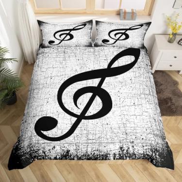 Imagem de Feelyou Jogo de cama de casal com notas musicais para meninos e meninas, capa de edredom para crianças, mulheres, homens, ultramacios, amantes de música, conjunto de capa de edredom preto e branco