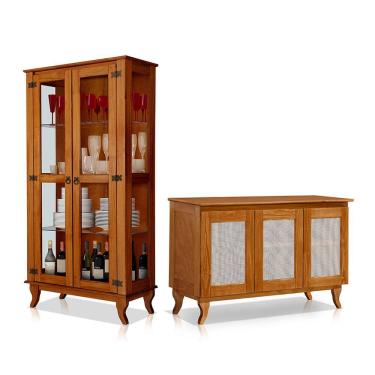Imagem de Conjunto Cristaleira de Madeira Antiga com Buffet 3 Portas em Madeira Premium Castanho