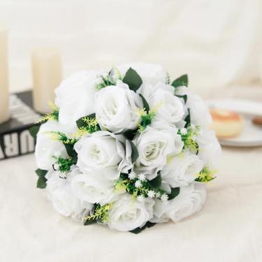 Imagem de Bola de flores artificiais, rosas, base de plástico verde, centro de mesa para decoração de casamento, buquês de festa, adereços, arranjos faça você mesmo (branco)