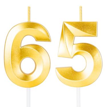 Imagem de Velas de aniversário de 65 anos para bolo, velas douradas para topo de bolo de feliz aniversário, decorações de aniversário para homens e mulheres, festa de aniversário de casamento
