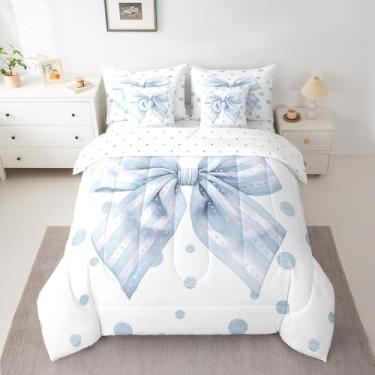 Imagem de Feelyou Conjunto de cama casal Coquette com laço de flor de pêssego, 7 peças, conjunto de cama com laço azul, inclui edredom, conjunto de lençóis, fronhas, mulheres, homens, adolescentes, estilo