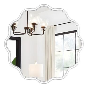 Imagem de PROHOMEWARE Espelho redondo branco 61 cm ondulado espelho de banheiro moldura branca espelho de parede moderno decorativo de parede antiferrugem, vidro temperado