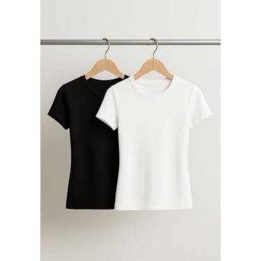 Imagem de Kit 2 Blusas Básicas Manga Curta Canelada Preta e Branca Salvatore - S