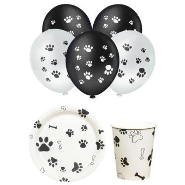 Imagem de Kit Festa 10 Copos 10 Pratos e 20 Balões Patinhas Preto e Branco Silve