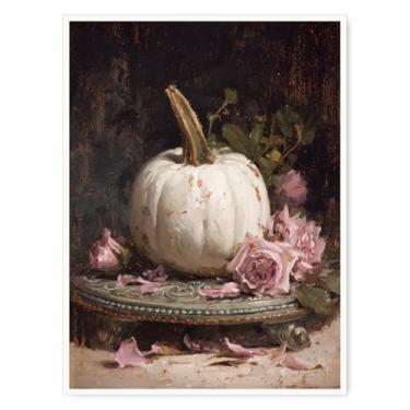 Imagem de Arte de parede em tela vintage de abóbora branca e rosa - Pintura romântica de outono de natureza morta com textura rústica para sala de estar aconchegante outono ou decoração floral - 30 x 40 cm
