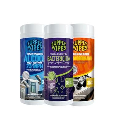 Imagem de Supply Wipes Kit de Toalhas Umedecidas, Álcool 70° INPM, Bactericida e Desengordurante para Limpeza Geral, 3 Potes, 35 Unidades Cada