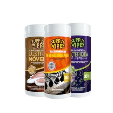 Imagem de Supply Wipes Kit de Limpeza Completa, 3 Toalhas Umedecidas, Bactericida, Desengordurante e Lustra Móveis, 35 Unidades por Rolo, Neutro, para Múltiplas Superfícies