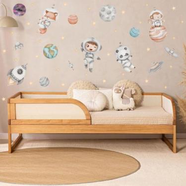 Imagem de Adesivo de Parede Astronauta Menino Animais Planetas Foguete Satélites
