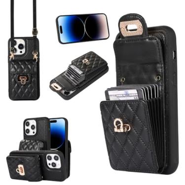 Imagem de Capa de couro com alça de ombro crossbody para iPhone 14 13 12 11 15 Pro Max XS XR 8 7 Plus SE20 Capa carteira clássica de treliça, preta, para iPhone 14Plus