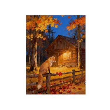 Imagem de Quadro parede outono-Raposa cabana árvore Impressões em tela paisagens-Pintura animais para sala estar decoração fazenda 60x80cm Sem Moldura
