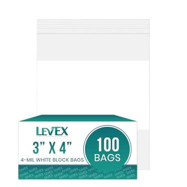 Imagem de Levex - 7,6 cm x 10,2 cm (100 unidades) 4 Mil Sacos de plástico de plástico com zíper recarregável e bloco branco com zíper selável para viagem, armazenamento, embalagem e envio