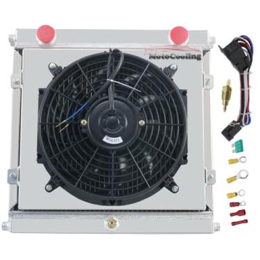Imagem de Radiador de alumínio para estilo dragster/roadster, radiadores de corrida de 3 fileiras com kit de termostato de cobertura de ventilador elétrico