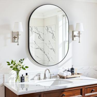 Imagem de Antok Espelho de parede oval, espelho oval de 50 x 71 cm para parede, espelho de parede de banheiro, espelho de penteadeira, espelho em forma de pílula para banheiro, casa de fazenda espelhada, antiferrugem, vidro temperado HD, preto