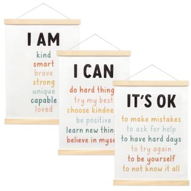 Imagem de ZJRDYYK Decoração de parede inspiradora com palavras coloridas impressas, pôster motivacional para pendurar, pôster de saúde mental com moldura de cabide de madeira para sala de aula e aconselhamento