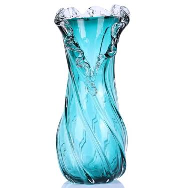 Imagem de Conjunto de vaso de vidro grande azul soprado à mão - vaso azul claro artístico para decoração de casa costeira e moderna, design de vaso de ondas oceânicas, estilo luxuoso leve para decoração de casa