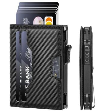 Imagem de Vandz Carteira masculina, carteira fina minimalista, capa pop-up inteligente com bloqueio de RFID, compartimento para cartão de crédito com clipe para dinheiro, Fibra de carbono preta, 10.5*7.5*2cm