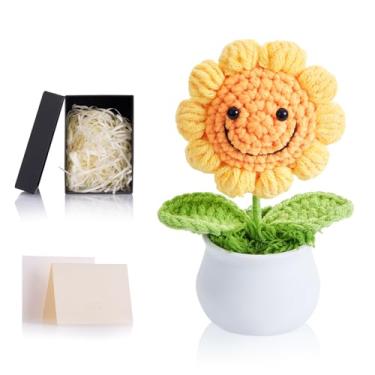 Imagem de ZHIYUXI Flores de crochê, girassóis de crochê artificial, presentes para mulheres, girassóis feitos à mão, flor de malha para painel de carro, decoração de escritório em casa