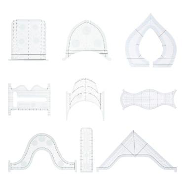 Imagem de SHINEOFI Conjunto de régua de retalhos de acrílico de 9 peças para costura faça você mesmo, modelos versáteis para artesanato em tecido para projetos de patchwork e acolchoado de movimento livre