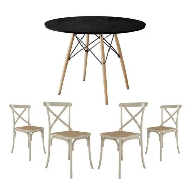 Imagem de Conjunto De Mesa Eiffel Redondo Tampo De Madeira 110Cm Preto Com 4 Cadeiras Katrina Off White