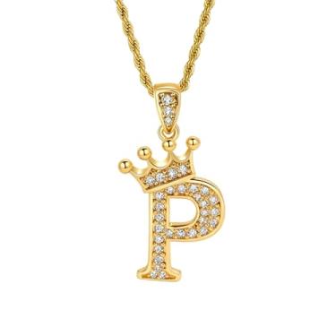 Imagem de Colares femininos com inicial dourada, pingente de letra A a Z, colar longo com nome de coroa, colar de joias de ouro, presente feminino, One size, Metal, Sem Pedra Preciosa