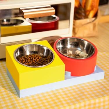 Imagem de Conjunto de tigela de água de comida de gato, para gatos/cães, com 2 tigelas elevadas de aço inoxidável para filhotes, suporte de pratos de metal para gatinhos faça você mesmo, suporte plano inclinado