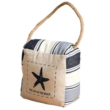 Imagem de Zovylks Batente de porta náutico, branco com listras azuis quadradas recheadas decorativas ponderadas batente com alça de corda, decoração de casa de praia (estrela do mar)