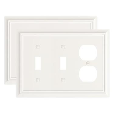 Imagem de Pacote com 2 capas de tomada dupla/duplex, placas de interruptor de amêndoa clara e tampas de tomada, placas de parede de fibra de bambu natural para tomadas elétricas, capa de receptáculo de 3 grupos