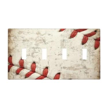 Imagem de BHGAHD Capas decorativas de placa de interruptor de luz vintage beisebol abstrato padrão esportivo 4 gangues placa de parede artística exclusivo quadriciclo interruptores de luz para sala de jogos